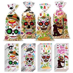 hying 100pcs day of the dead cellophane bags for candy cookie, dia de los muertos sugar skull candy bags with twist-ties calavera skull treat goody bags for mexican halloween party favors supplies