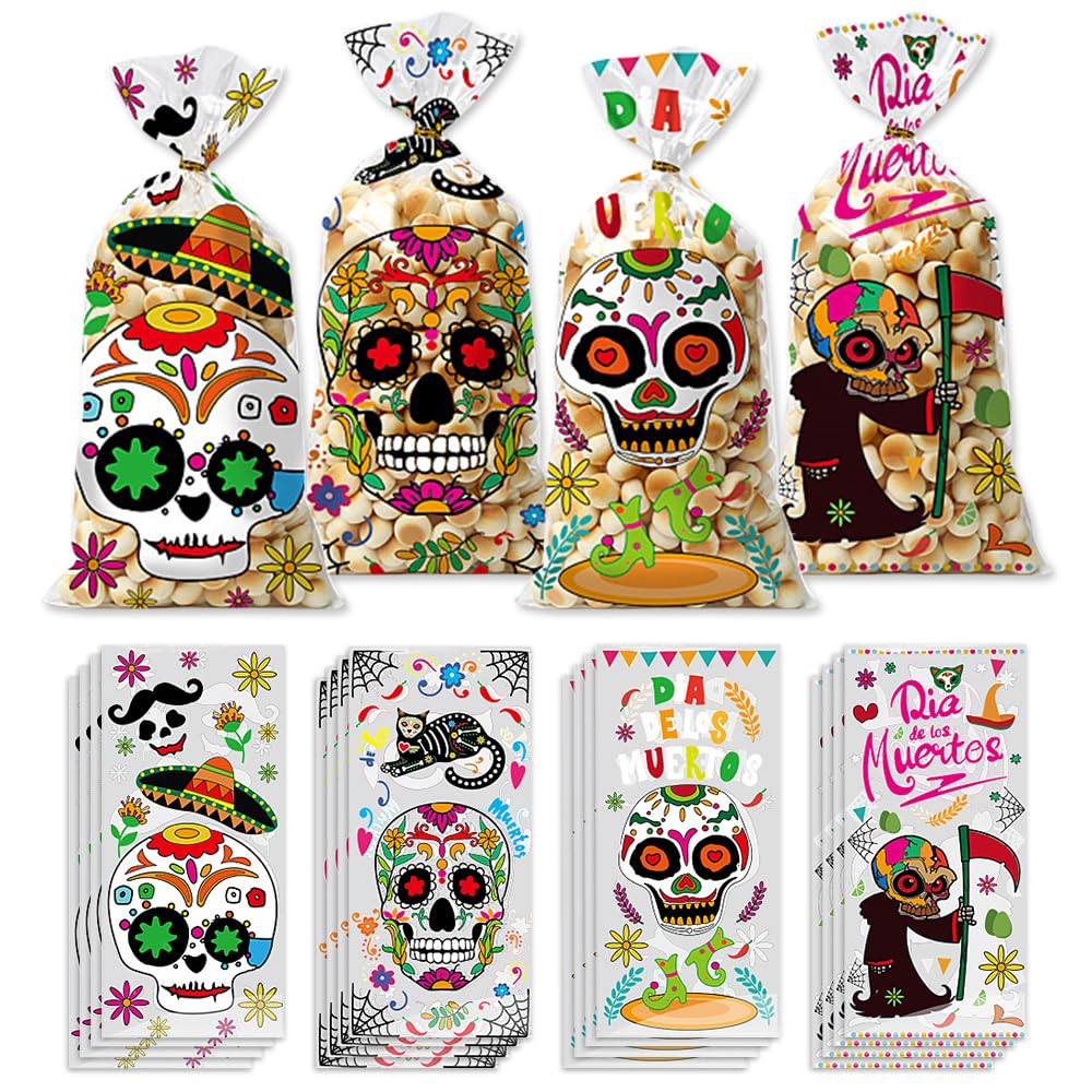 Hying 100PCS Day of the Dead Cellophane Bags for Candy Cookie, Dia de Los Muertos Sugar Skull Candy Bags with Twist-Ties Calavera Skull Treat Goody Bags for Mexican Halloween Party Favors Supplies