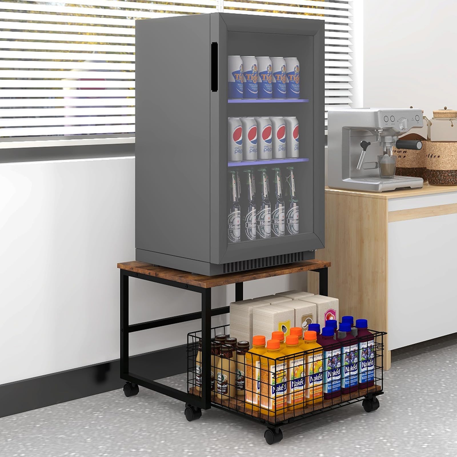 PUNCIA 19.7x19.7in Mobile Mini Fridge Stand with Large Capacity Storage Beverage Refrigerator Table with Wheels Rolling Compact Fridge Cart Heavy Duty Appliance Platform with Basket for Home Office