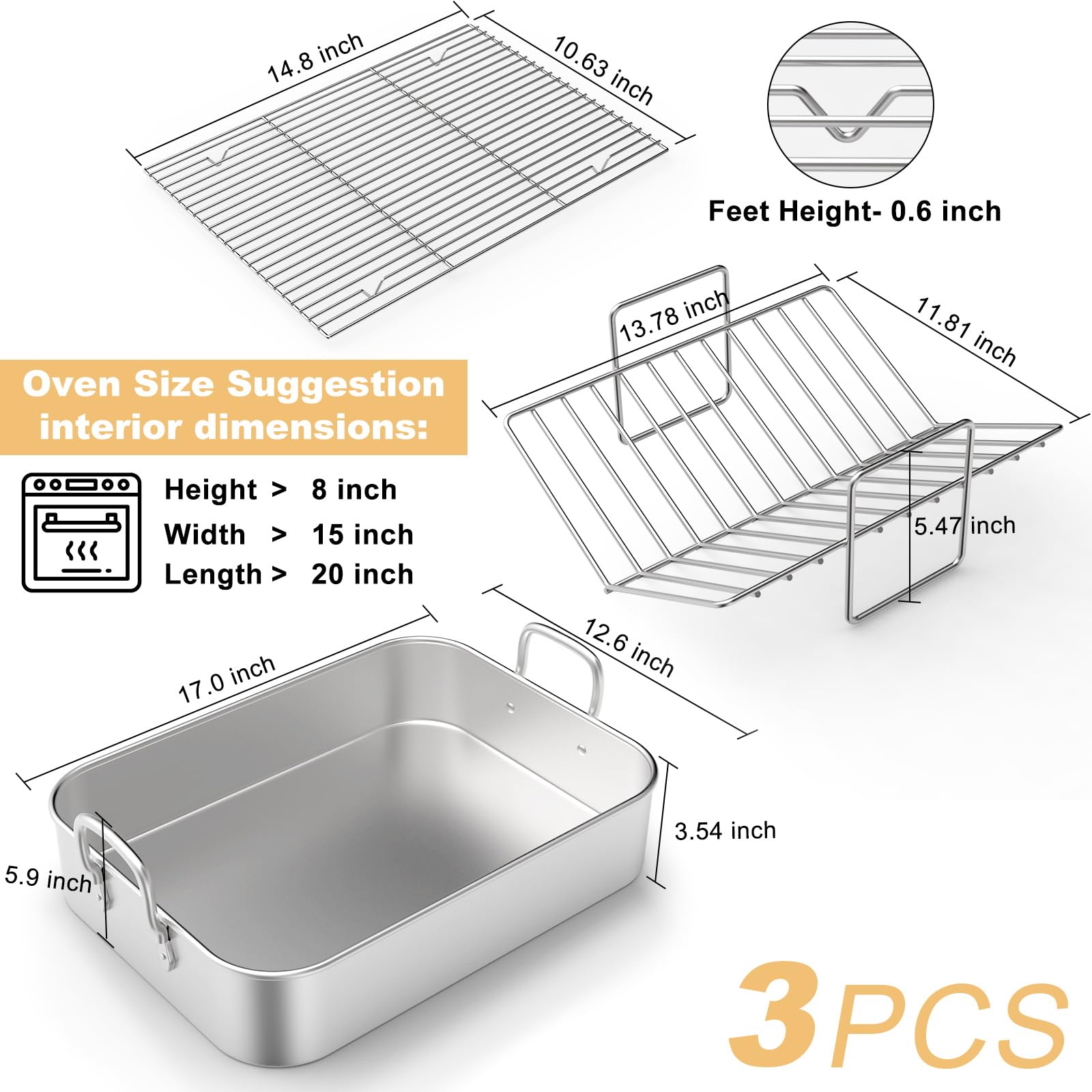 17x13in Stainless Steel Turkey Roaster with Racks - Non-toxic, Heavy Duty, For Roasting Turkey, Chicken, Meat, Lasagna