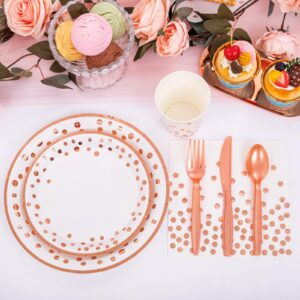 Supernal 350pcs Rose Gold Plates and Napkins Party Supplies,Happy Birthday Plates and Napkins,Rose Gold Paper Plates,Napkins,Cups,Rose Gold Plastic Forks,Knives,Spoons for Womens Birthday Decorations