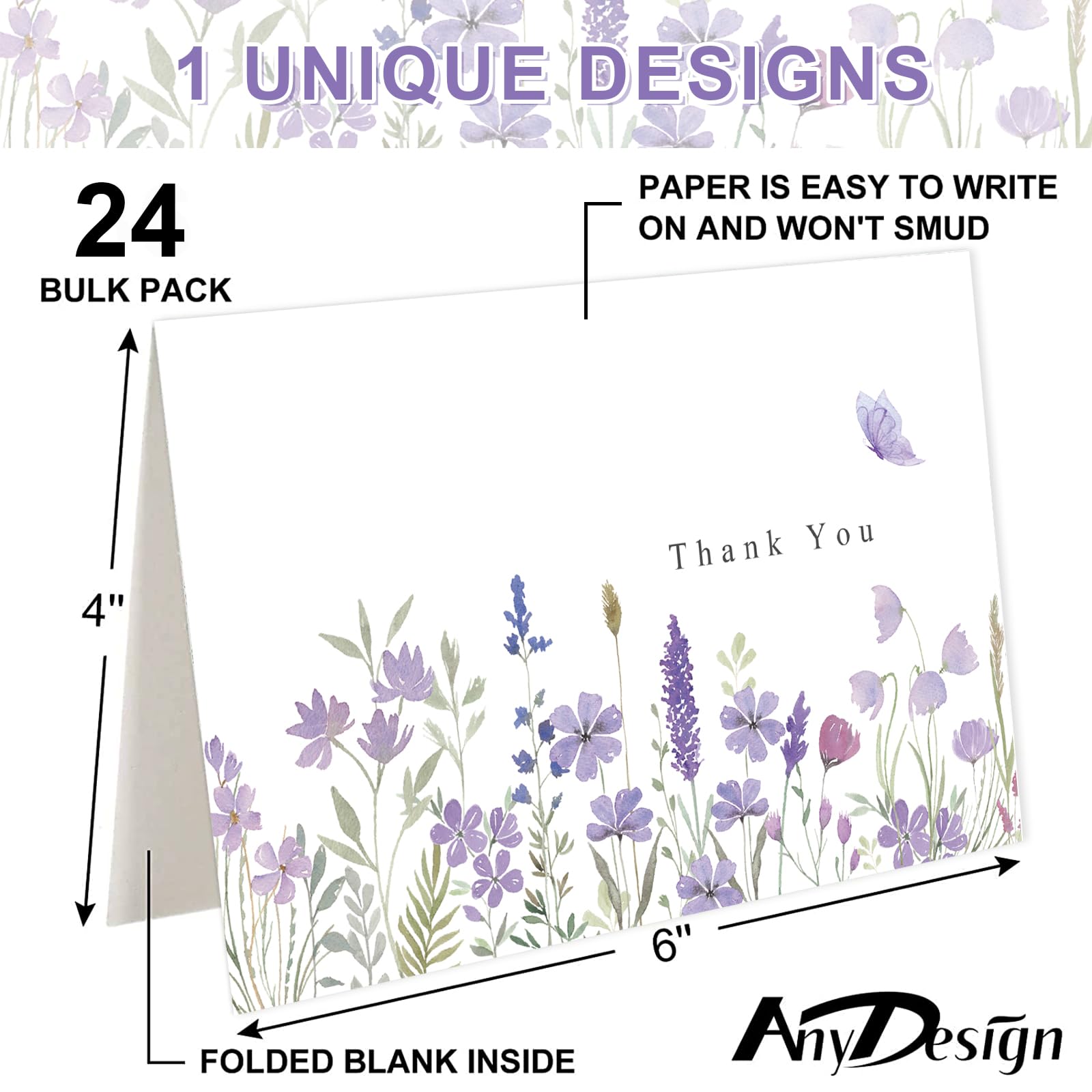 AnyDesign 24 Pack Wildflower Thank You Cards Bulk Purple Flower Greeting Cards with Envelope Sticker Floral Blank Note Cards for Birthday Wedding Baby Shower Bridal Shower, 4 x 6 Inch