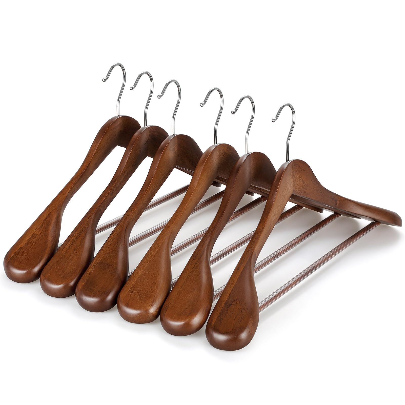 TOPIA HANGER Wide Shoulder Wooden Hangers, Suit Hangers with Non Slip Pants Bar & 360° Swivel Hook, Solid Wood Heavy Duty Coat Hanger, 6 Pack (Walnut)-CT02WA