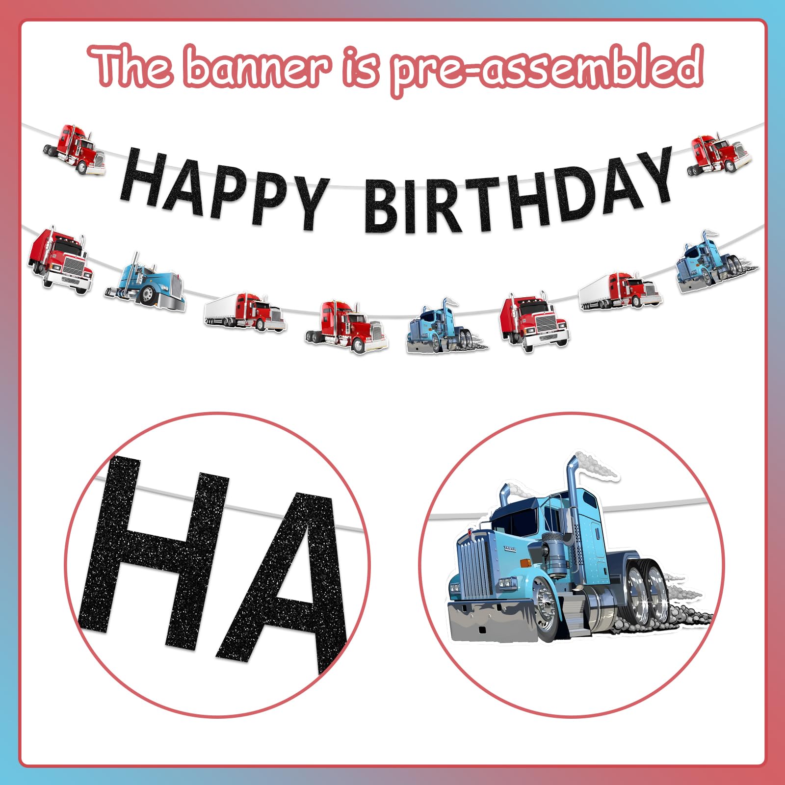 Construction Birthday Banner, Truck Happy Birthday Banner Garland for Boys Girls, Heavy Truck Semi Truck Happy Birthday Banner for Transportation Theme Birthday Party Baby Shower