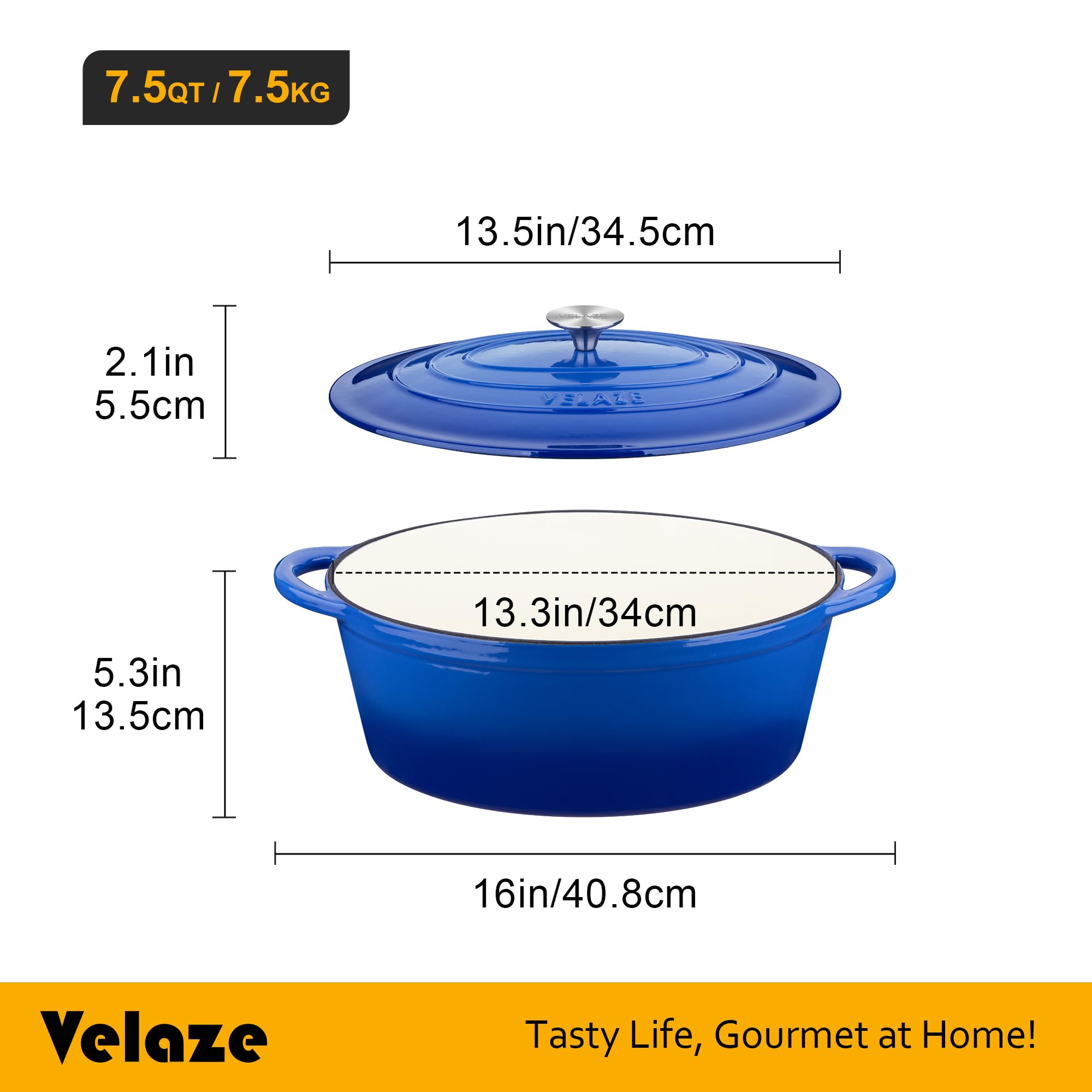 Velaze 7.5 QT Enameled Oval Dutch Oven Pot with Lid, Cast Iron Dutch Oven with Dual Handles for Bread Baking, Cooking, Frying, Non-stick Enamel Coated Cookware（Blue)