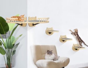 cat wall shelves, cat shelves and perches for wall, wood cat shelves wall mount, cat wall furniture with 3 cat wall steps cat scratch post, burlywood indoor cat climbing shelf for living room, bedroom