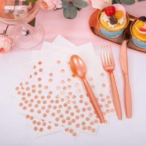 Supernal 350pcs Rose Gold Plates and Napkins Party Supplies,Happy Birthday Plates and Napkins,Rose Gold Paper Plates,Napkins,Cups,Rose Gold Plastic Forks,Knives,Spoons for Womens Birthday Decorations