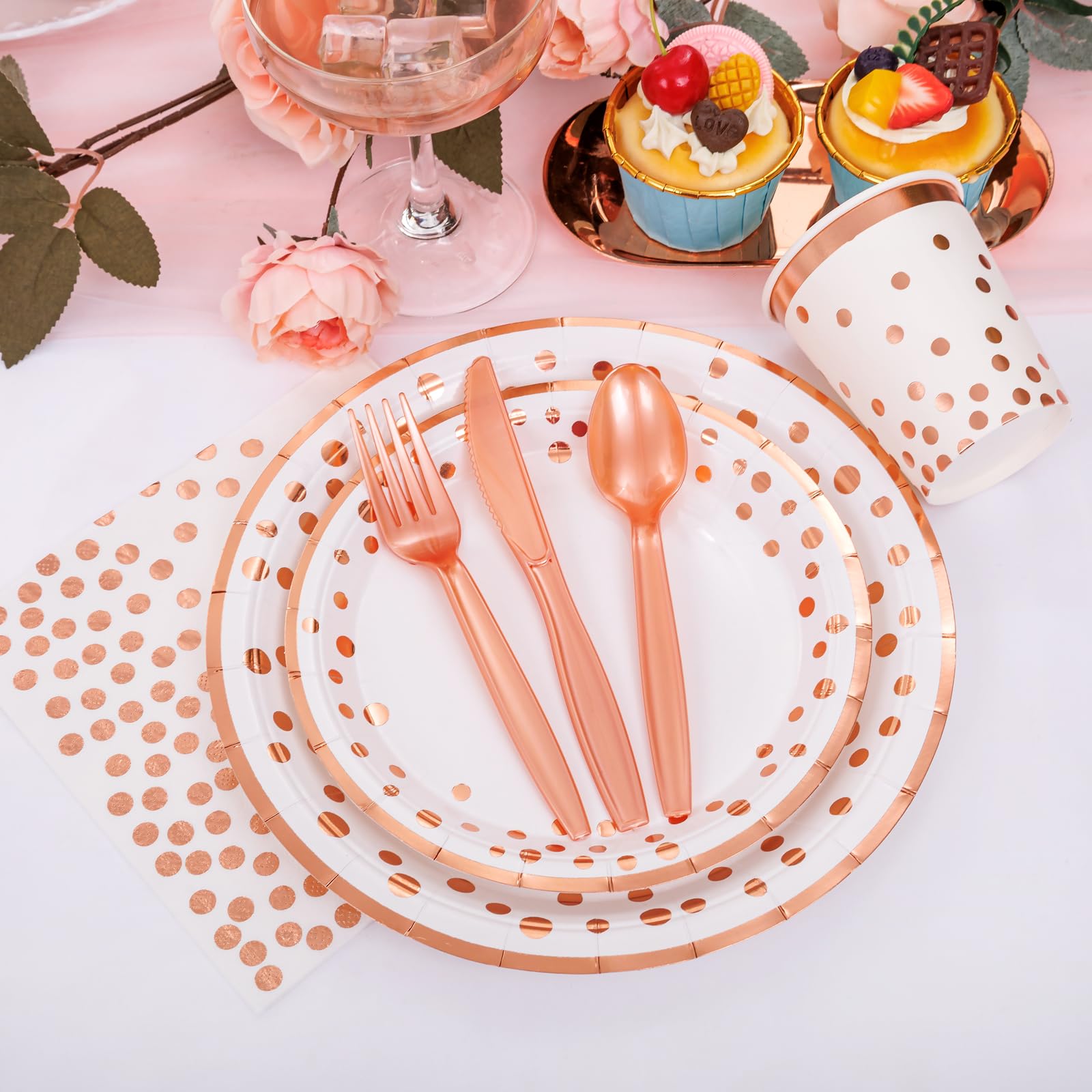 Supernal 350pcs Rose Gold Plates and Napkins Party Supplies,Happy Birthday Plates and Napkins,Rose Gold Paper Plates,Napkins,Cups,Rose Gold Plastic Forks,Knives,Spoons for Womens Birthday Decorations