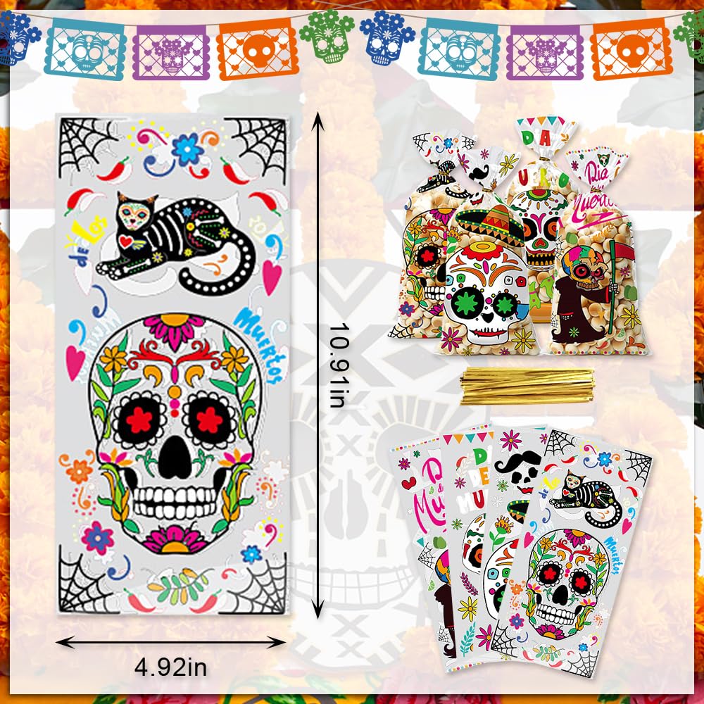 Hying 100PCS Day of the Dead Cellophane Bags for Candy Cookie, Dia de Los Muertos Sugar Skull Candy Bags with Twist-Ties Calavera Skull Treat Goody Bags for Mexican Halloween Party Favors Supplies