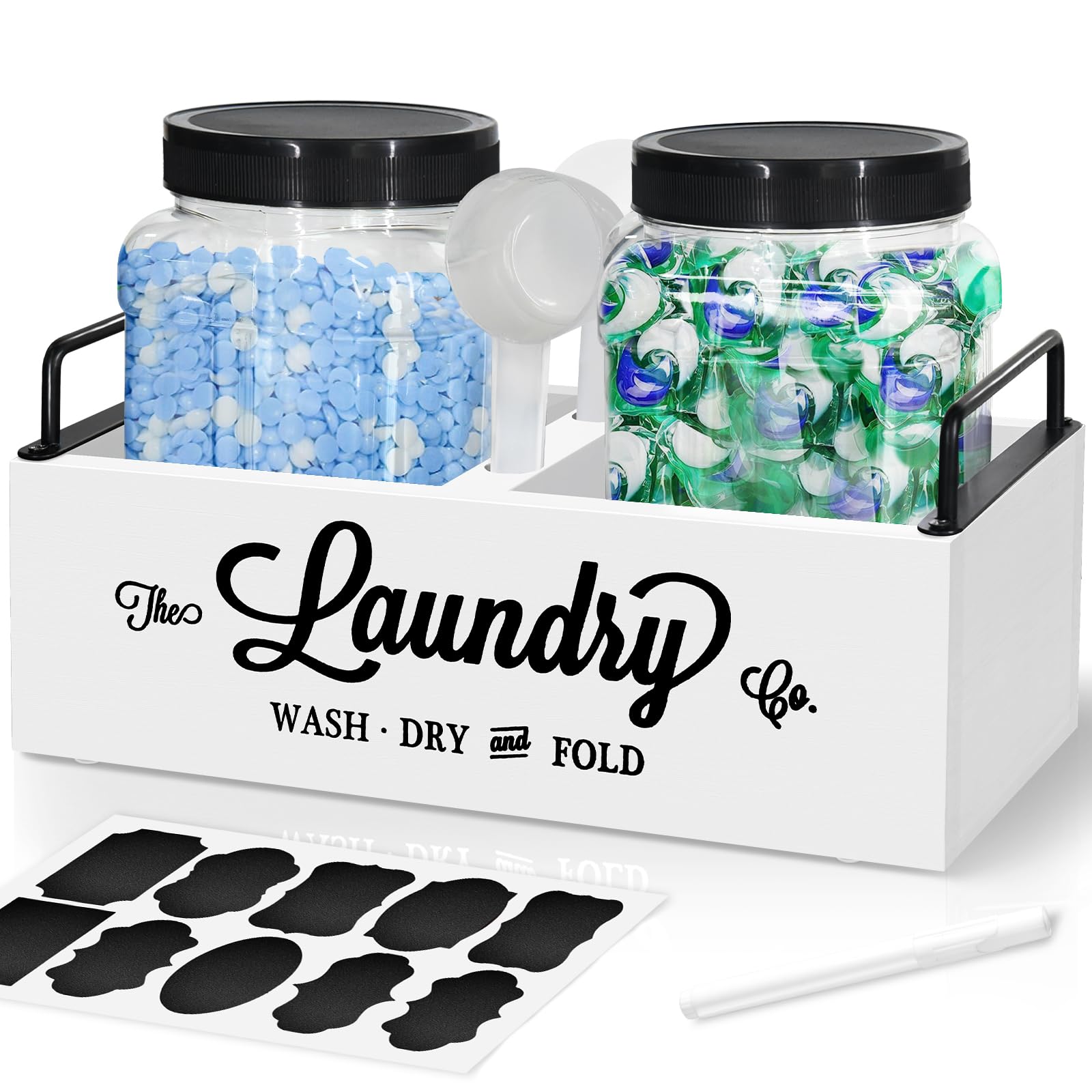 Laundry Pods Container for Laundry Room Organization, Laundry Detergent Dispenser with 2 Plastic Jars and 2 Scoops, Scent Booster Container Storage Box, Laundry Pod Holder for Laundry Room Decor