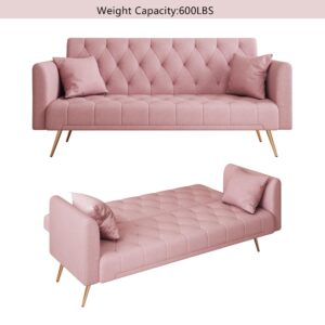 Modern Velvet Sofa Bed Futon with 2 Pillows,2-in 1 Convertible Sleeper Couch Bed,Folding Recliner Loveseat with Golden Metal Legs for Living Room Apartment Office (Pink) (Light Pink)