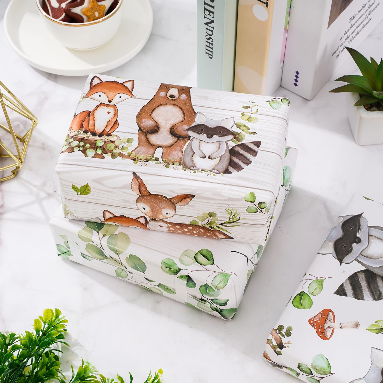 AnyDesign 12Pcs Woodland Creature Wrapping Paper Woodland Animal Eucalyptus Gift Wrap Paper Folded Flat Forest Theme Art Paper for Birthday Baby Shower DIY Crafts Gift Wrapping, 19.7 x 27.6 Inch