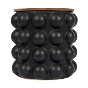 Creative Co-Op Round Stoneware Waste Raised Dots and Removable Acacia Wood Rim, Matte Black and Natural, Set of 2 Bin