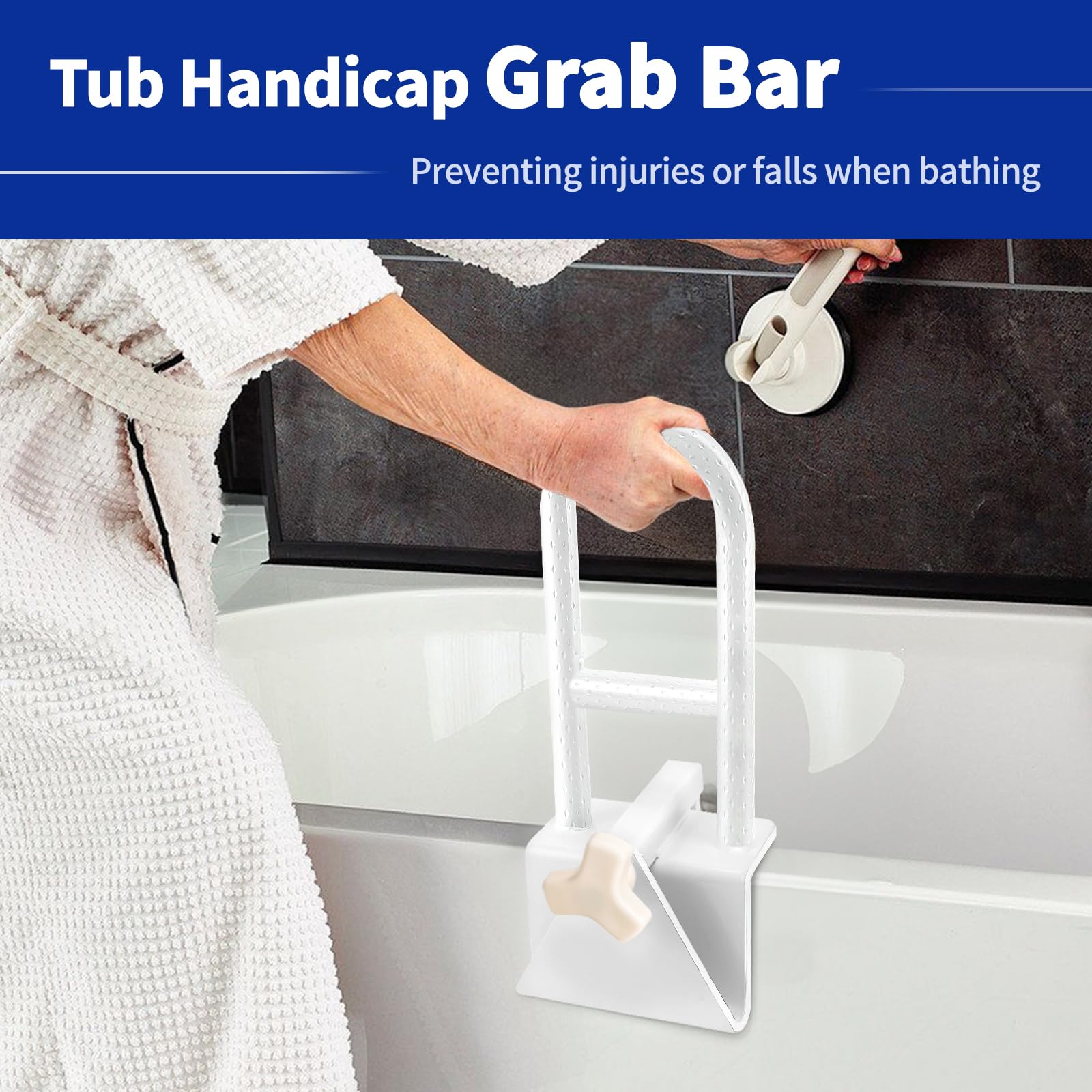 SDSNTE Heavy-Duty Adjustable Bathtub Safety Rail with Anti-Slip Design, Tub Grab Bar for Seniors, Elderly, and Handicapped Safety, 300LBS Weight Capacity, White