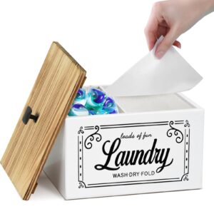 ukonvi dryer sheet container for laundry room organization and storage, wood laundry pods container with lid, white dryer sheet holder for laundry room decor