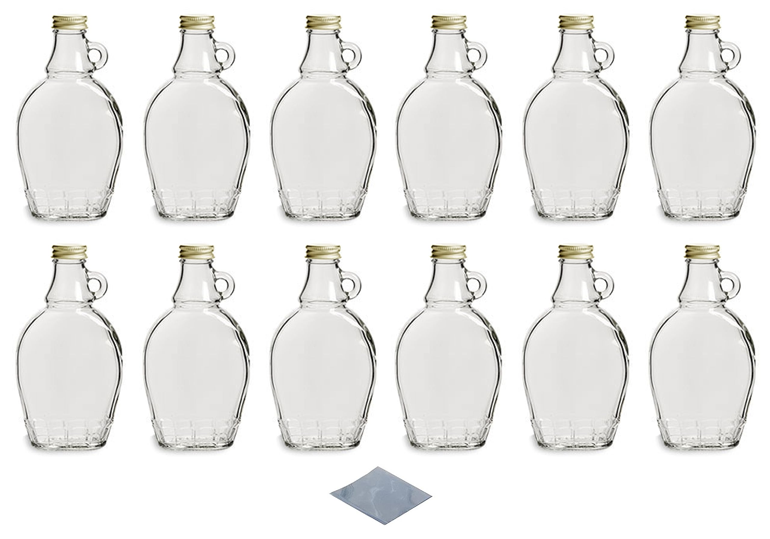 North Mountain Supply 8 Ounce Glass Maple Syrup Bottles with Loop Handle & Gold Metal Lids & Shrink Bands - Case of 12