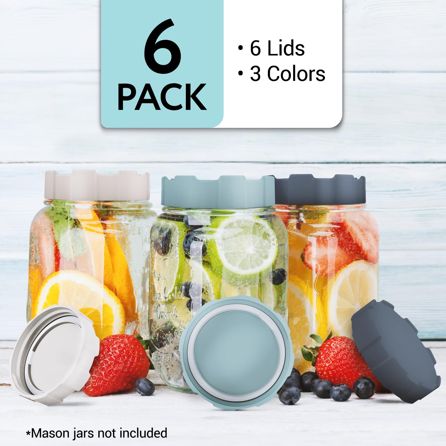 IMPRESA [6 Pack] Wide Mouth Mason Jar Lids - Reusable, Stackable Plastic Lids Wide Mouth - Durable Nesting Wide Mouth Canning Lids in 3 Colors - Airtight Storage Plastic Lids for Mason Jars Wide