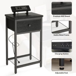 Fixwal Black Nightstands Set of 2 with Charging Station, Night Stand End Table with USB Ports & Outlets, Bedside Table with Fabric Drawer for Room, Bedroom