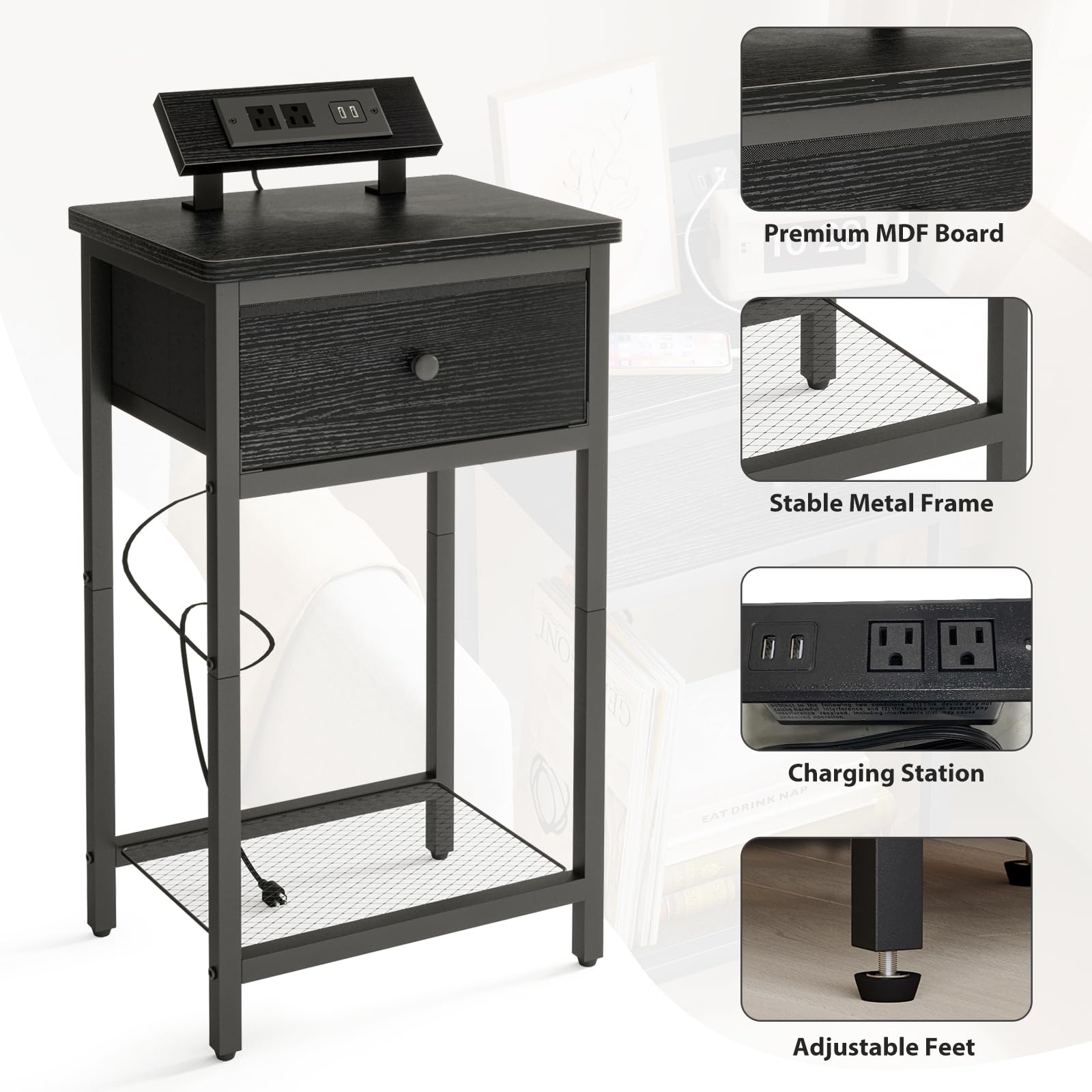 Fixwal Black Nightstands Set of 2 with Charging Station, Night Stand End Table with USB Ports & Outlets, Bedside Table with Fabric Drawer for Room, Bedroom