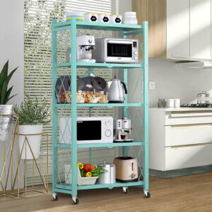 SUSIELADY 5-Tier Foldable Metal Storage Shelving Unit with Wheels and Hooks - Heavy Duty Garage, Kitchen, or Closet Organizer - 27.9"x13.4"x62.5" - No Assembly Required (Blue)