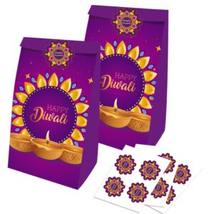 HABDJILTY 20Pcs Happy Diwali Gift Bags + 20pcs Stickers,Festival of Lights Gifts Bags for Birthday Gift Packs Snacks Candy Bags Diwali Party Favor