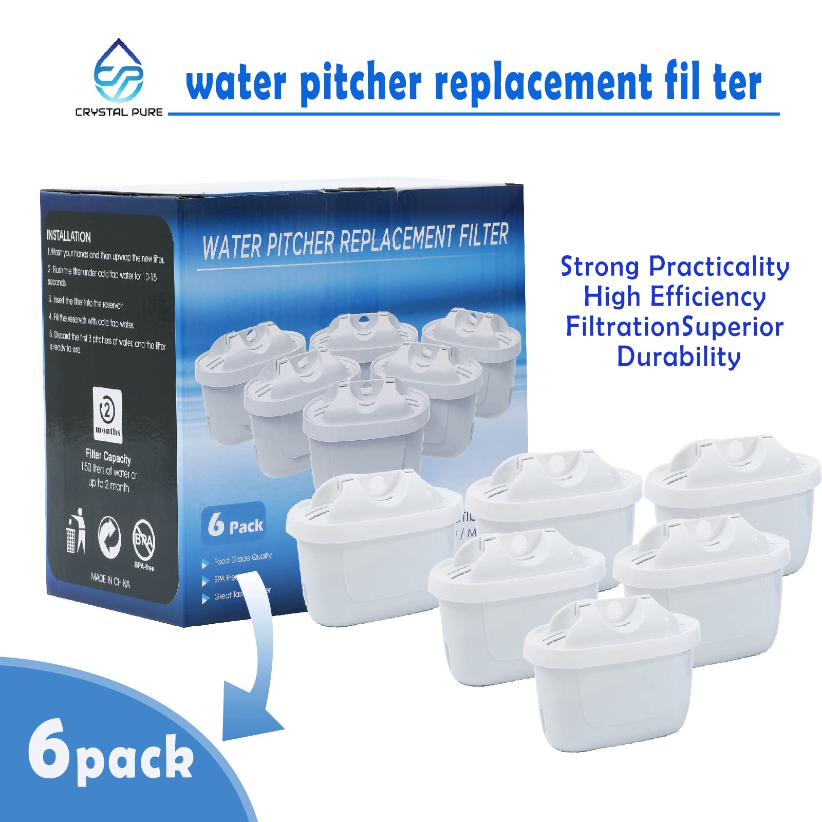 Water Filter for All BRITA,Compatible with Brita Maxtra/Mava,Maxtra+, Fit for Mavea,Marella jug Pitcher Replacement Cartridge, Reduce Limescale and Impurities. … (6)