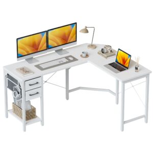 cubicubi l-shaped computer desk 59.1" with 2 drawers and shelves for storage, larger gaming corner desk workstation, home office sturdy writing table, space-saving, easy to assemble, white