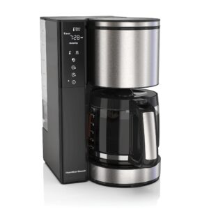 hamilton beach 14 cup programmable coffee maker with easy measure light up reusable filter, removable 70 oz. water reservoir, black and stainless steel