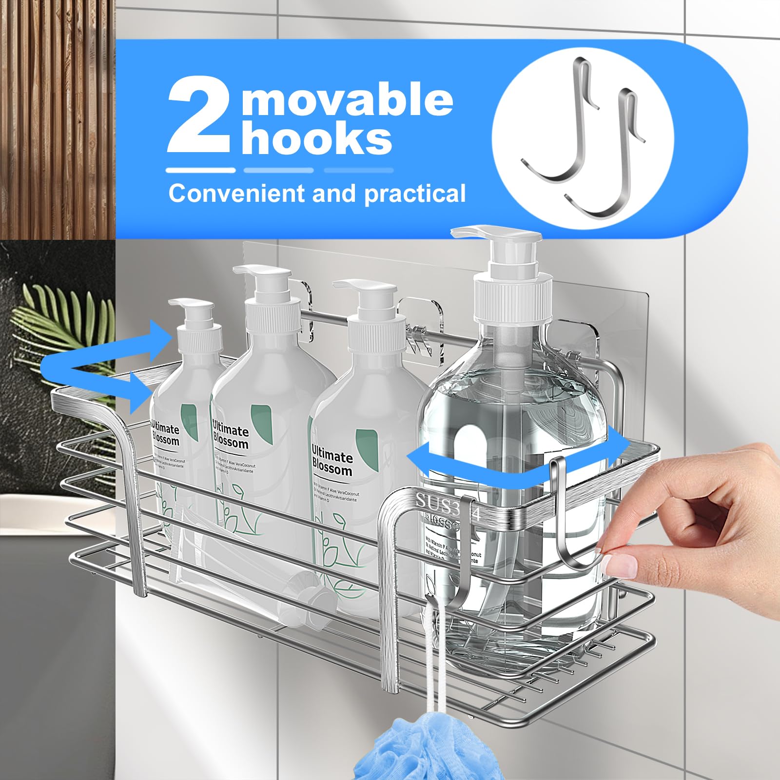 HEGUANRONG Shower Caddy,Shower Organizer for Bathroom With 2 Hooks，SUS304 Stainless Steel，Shower Shelves for Inside Shower,Rustproof Bathroom Shelf，No Drilling.