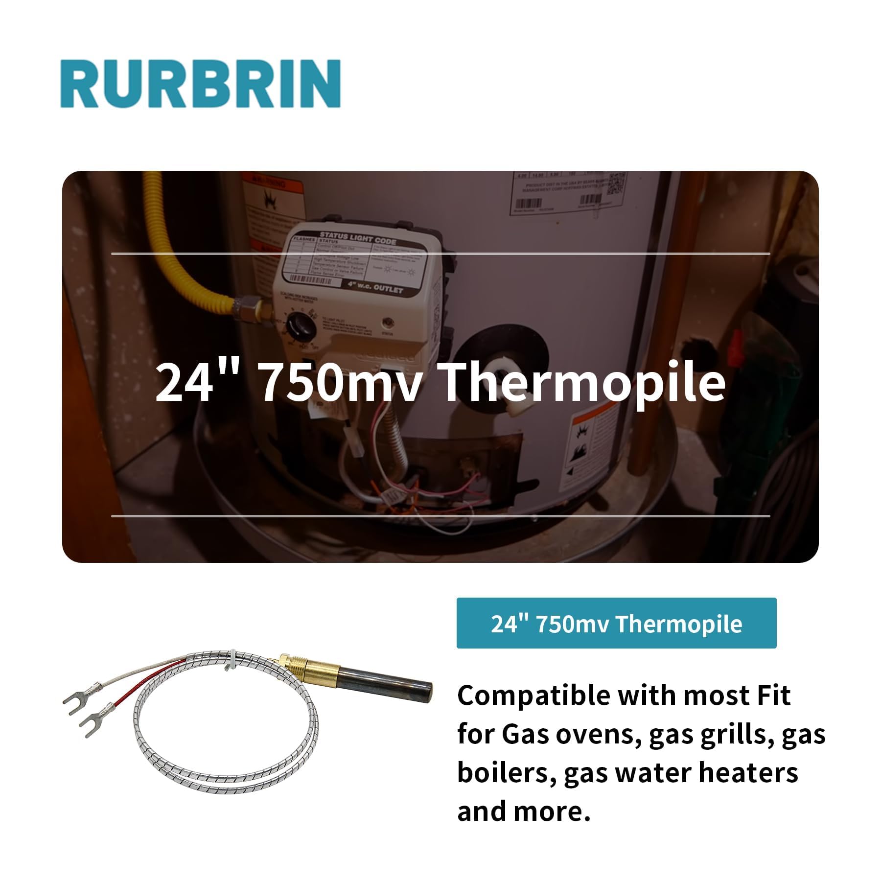 RURBRIN (2PCS) 24” 750mv Thermopile Generators Q313A Fit for Heat Glo Heatilator, 750 Millivolt Fireplace Thermocouple, Fit for Stove Gas Ovens/Gas Fireplace/Water Heater/Frying Furnace (Aluminum)