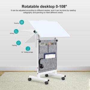 KOUPA Adjustable Height Standing Desk, Writable Tempered Glass Desktop with Eraser, 360° Flip, Wheels and Bag– Ideal for Small Spaces and Home Offices, 24 in, White(Adjustable Height: 32-47 in)