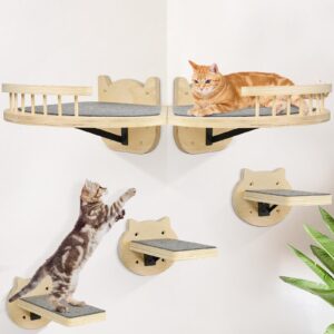 Cat Wall Shelves, Cat Shelves and Perches for Wall, Wood Cat Shelves Wall Mount, Cat Wall Furniture with 3 Cat Wall Steps Cat Scratch Post, Burlywood Indoor Cat Climbing Shelf for Living Room, Bedroom