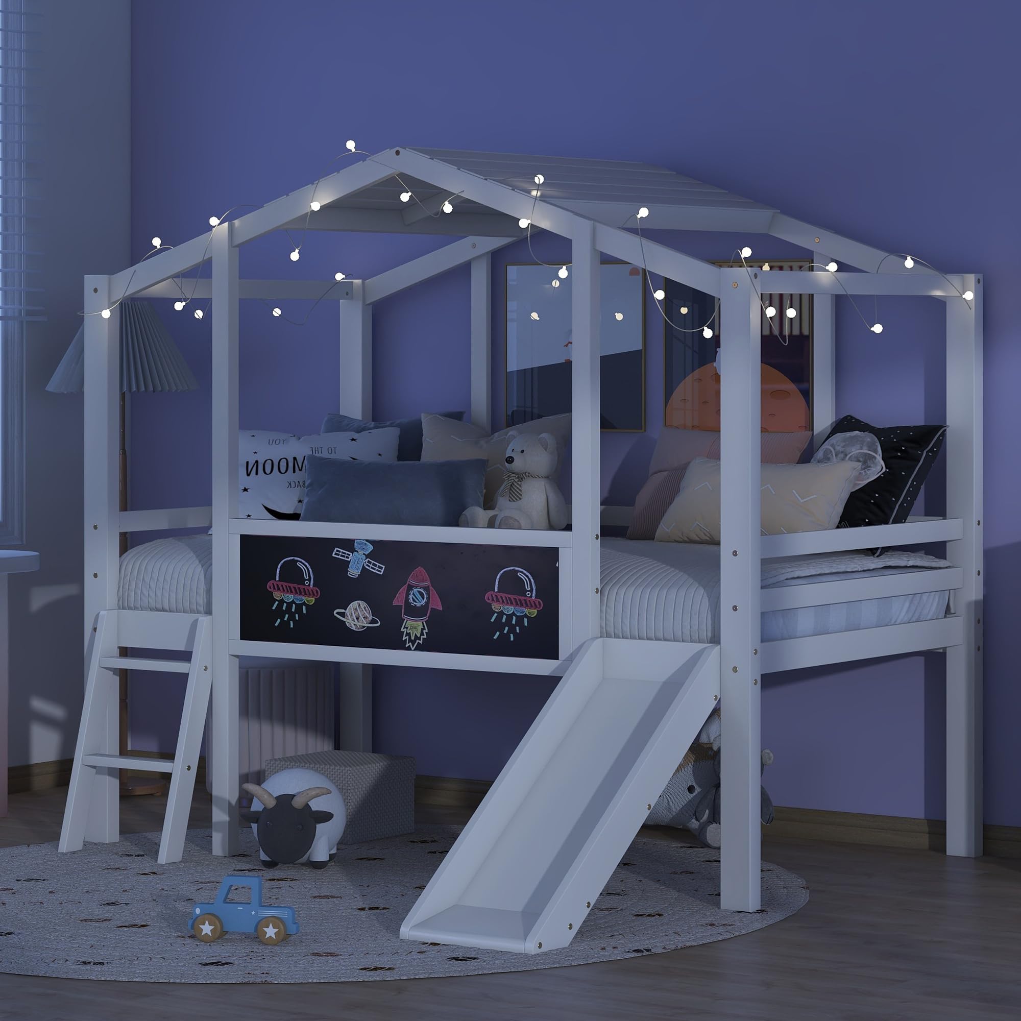 Kids House Bed with Slide, Twin Size Low Loft Bed with Light and Blackboard, Wood Treehouse Loft Bed with Ladder and Slats Support, White