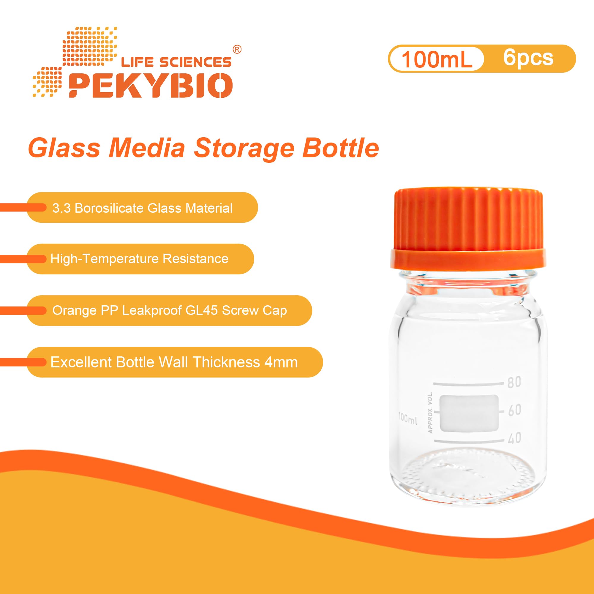 PEKYBIO Glass Media Bottle 100ml Round Storage Bottles 3.3 Borosilicate Glass Regent Bottles with PP GL45 Screw Cap (Pack of 6)