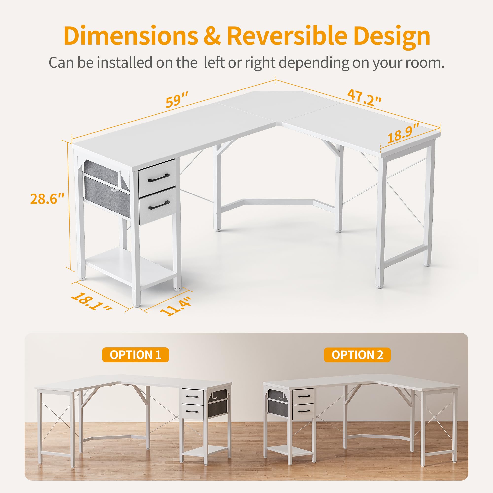 CubiCubi L-Shaped Computer Desk 59.1" with 2 Drawers and Shelves for Storage, Larger Gaming Corner Desk Workstation, Home Office Sturdy Writing Table, Space-Saving, Easy to Assemble, White