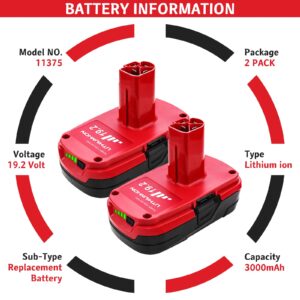 2 Pack 3.0Ah 19.2V Diehard C3 Replacement Battery for Craftsman 19.2V Battery XCP Compatible with Craftsman 19.2 Volt Lithium ion Battery 11375 130279005 1323903 315.115410 315.11485 Cordless Tools