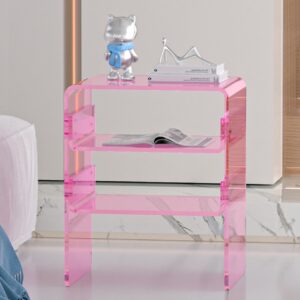 Clear Acrylic 3-Tier End Table/Nightstand – Sleek Bedside Storage with Durable Design, Perfect for Bedrooms, Living Rooms, or Modern Interiors – Ideal as a Bedside Table or Sofa Side Piece (Pink)