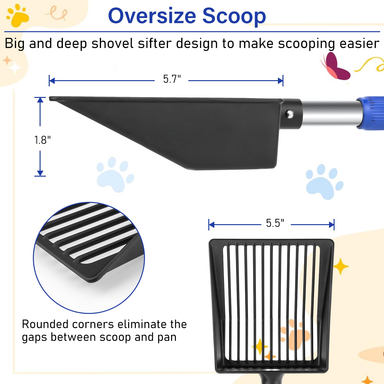 JAMIEWIN Extendable Metal Cat Litter Scoop, Long Handle Litter Sifting Shovel, 21"-39.5" No Bending Back Cat Scooper for Litter Box Heavy Duty Pet Poop Shovel Chicken Poop Scooper