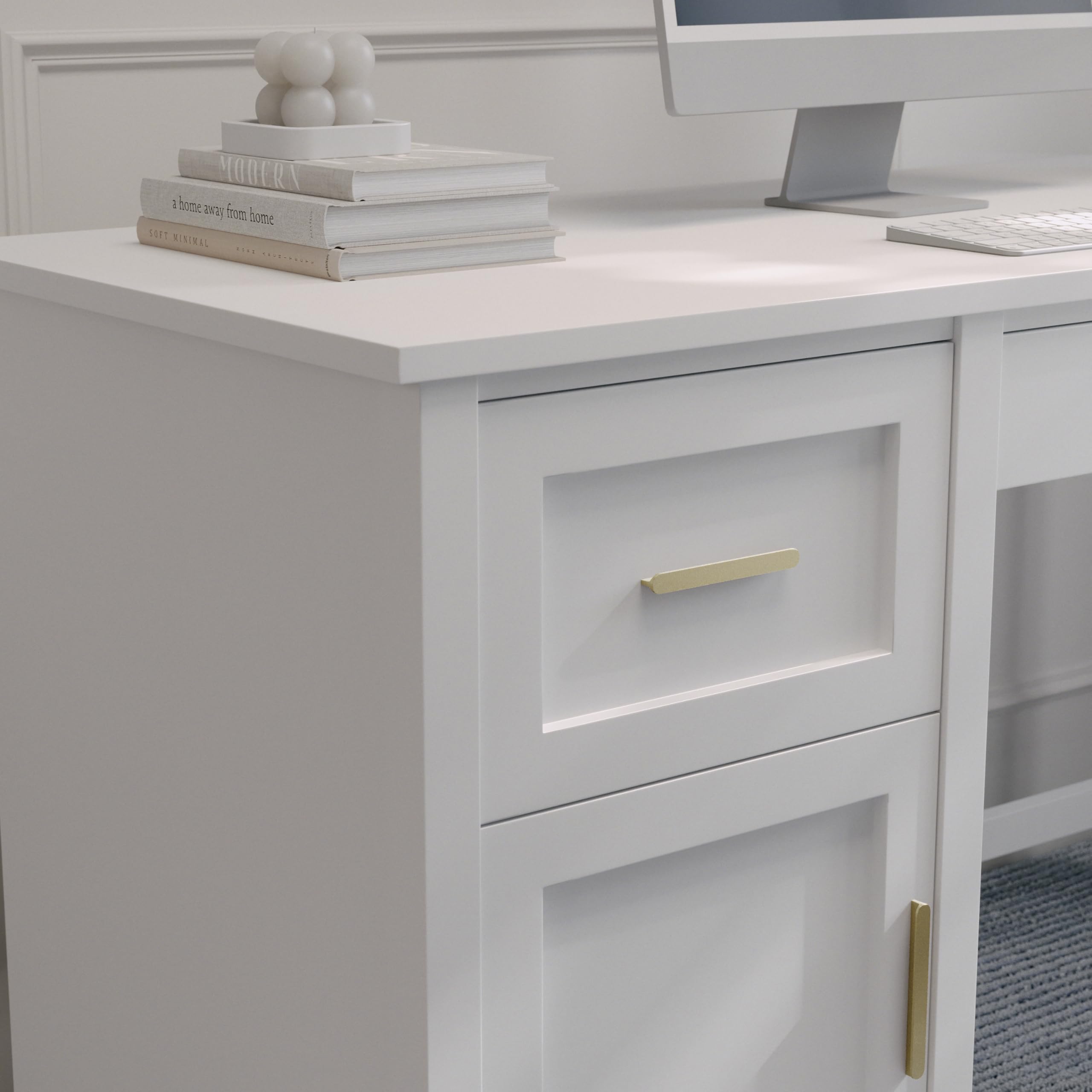 Martha Stewart Hutton Shaker Style Home Office Desk with Storage in White with Polished Brass Hardware