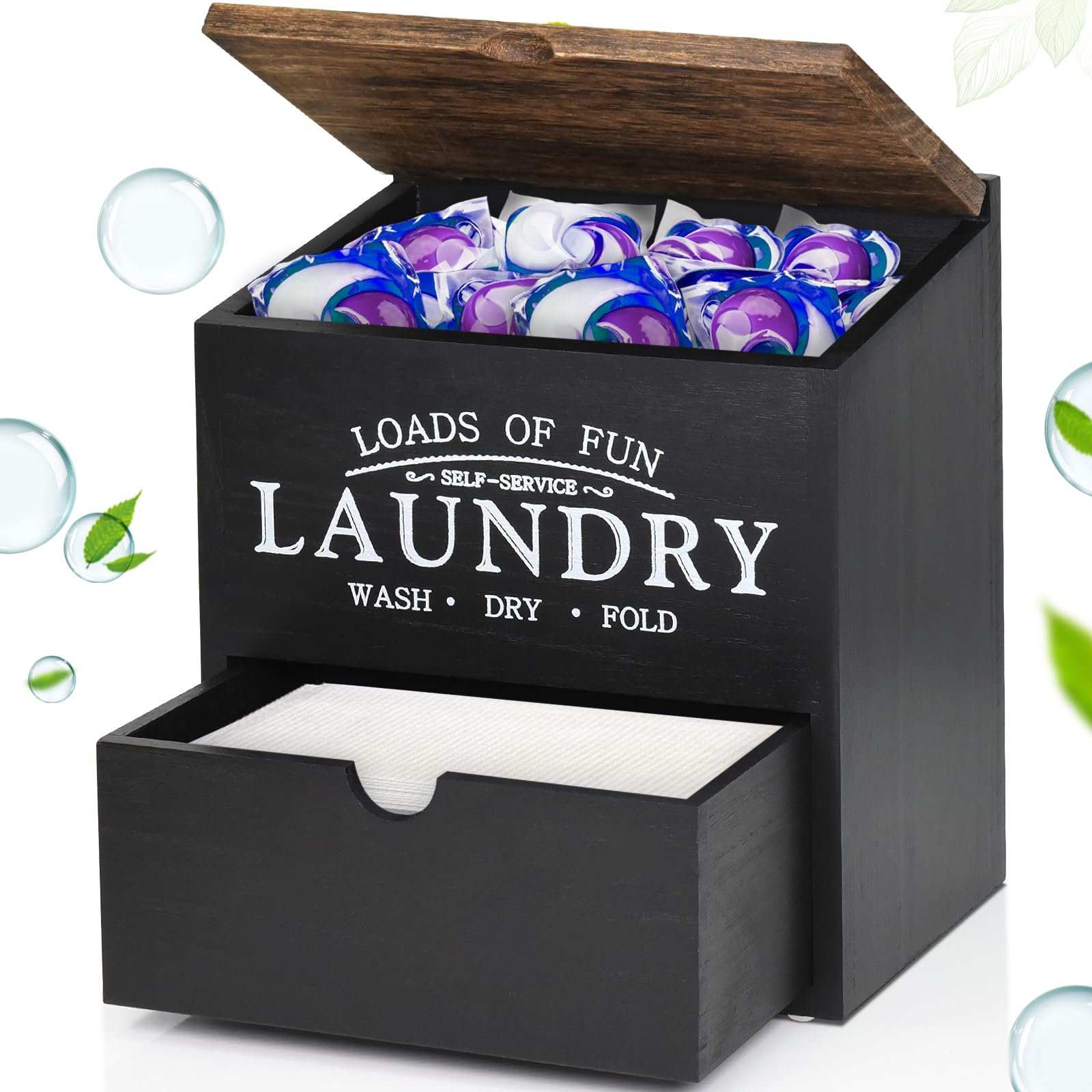 Dryer Sheet Container for Laundry Room Organization, Laundry Pods Container with Lid and Drawer, Laundry Detergent Dispenser Organizer Box, Wood Dryer Sheet Holder for Laundry Room Decor (Black)