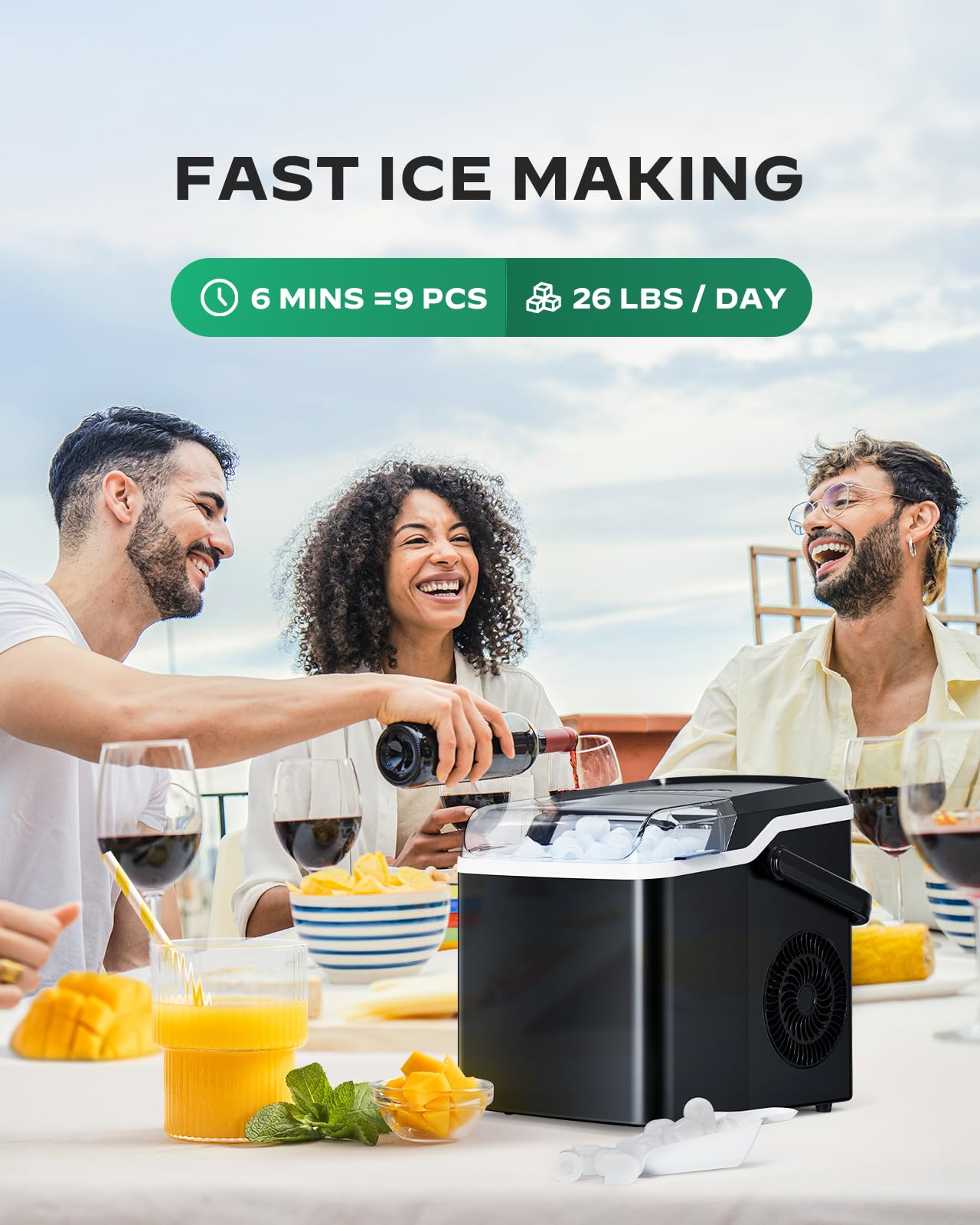 Silonn Countertop Ice Maker, 9 Cubes Ready in 6 Mins, 26lbs in 24Hrs, Portable Ice Machine with Self-Cleaning, 2 Sizes of Bullet Ice for Home/Kitchen/Party/RV, Black