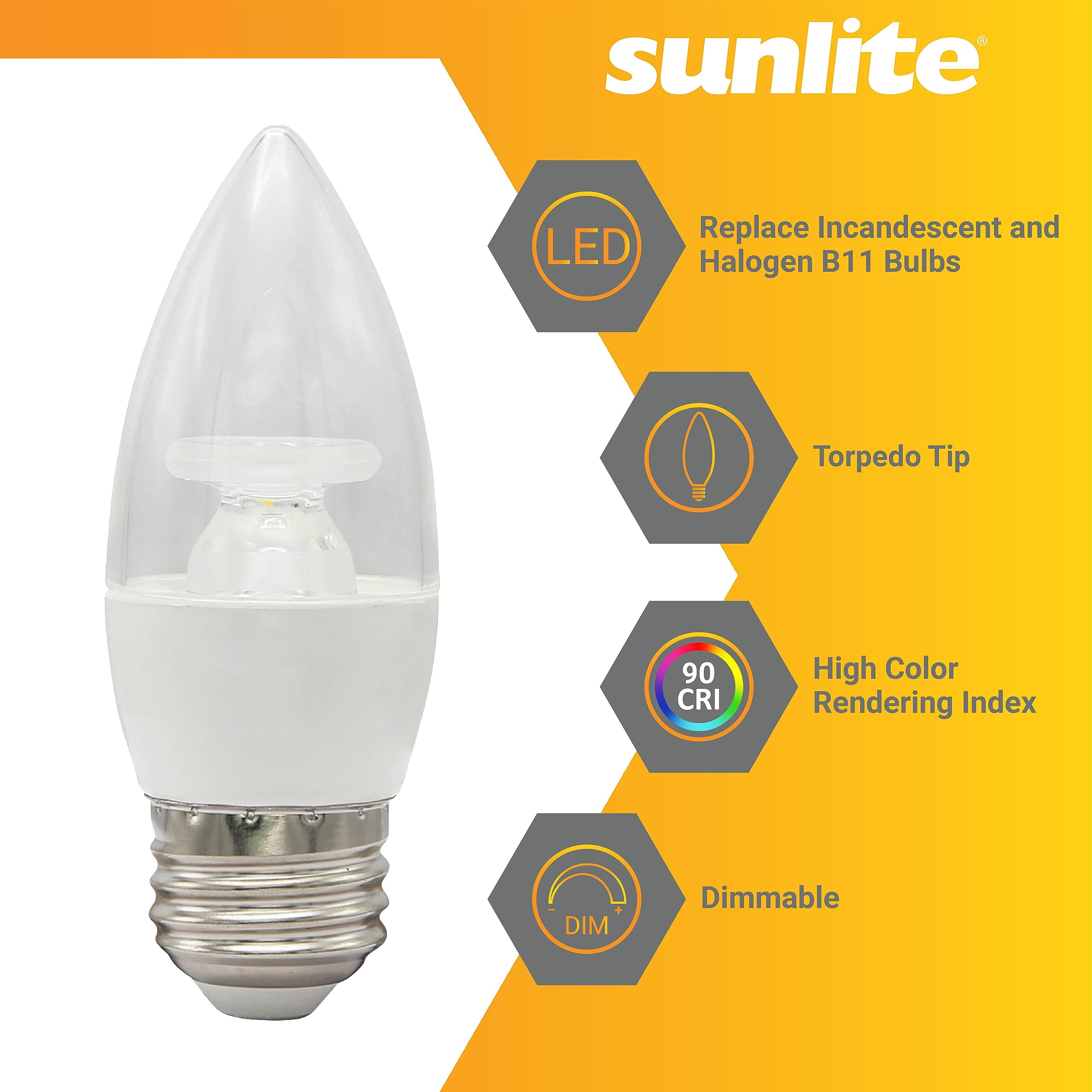 Sunlite LED B11 Clear Chandelier Light Bulb, 4.5 Watts (40W=), 300 Lumens, 120 Volts, Dimmable, Medium E26 Base, Energy Star, 90 CRI, ETL Listed, Torpedo Tip, 2700K Soft White, 6 Pack