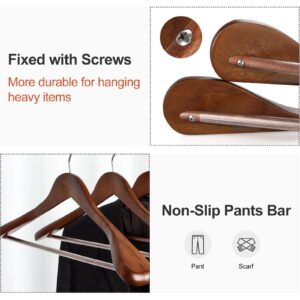 TOPIA HANGER Wide Shoulder Wooden Hangers, Suit Hangers with Non Slip Pants Bar & 360° Swivel Hook, Solid Wood Heavy Duty Coat Hanger, 6 Pack (Walnut)-CT02WA