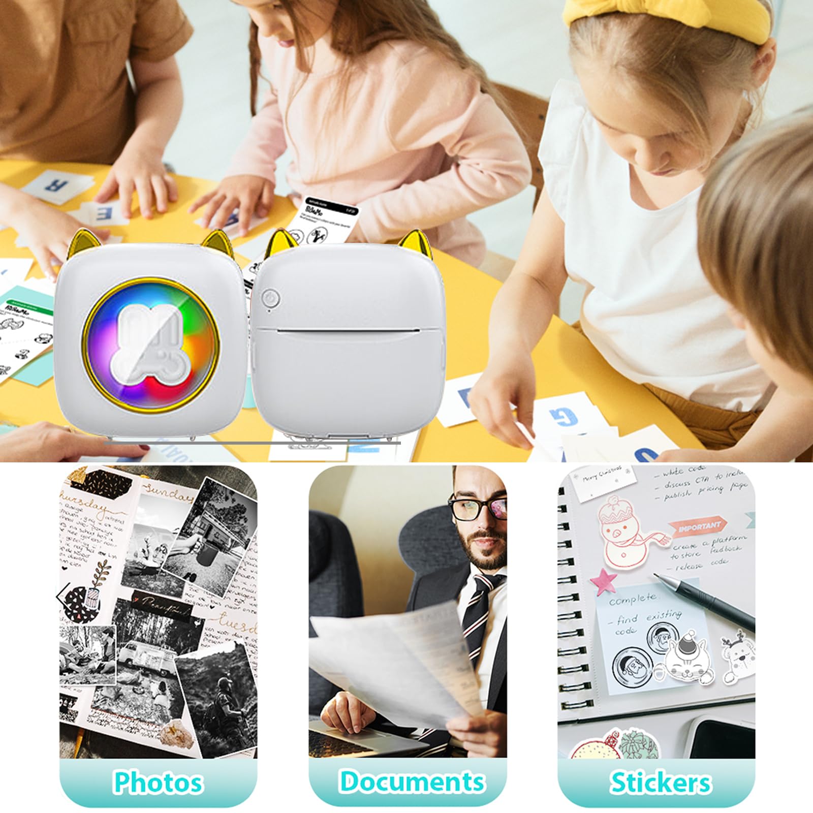 Mini Printer with 14 Rolls Paper,Mini Pocket Sticker Printer,Portable Bluetooth Inkless Printer for Journal, Memo, Photo,DIY Scrapbook,Compatible with Phone & Tablet With 7 Colors RGB Lights