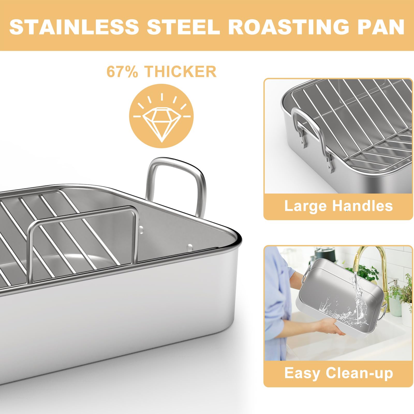 17x13in Stainless Steel Turkey Roaster with Racks - Non-toxic, Heavy Duty, For Roasting Turkey, Chicken, Meat, Lasagna