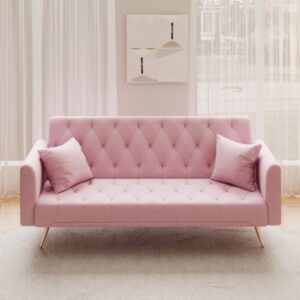 modern velvet sofa bed futon with 2 pillows,2-in 1 convertible sleeper couch bed,folding recliner loveseat with golden metal legs for living room apartment office (pink) (light pink)