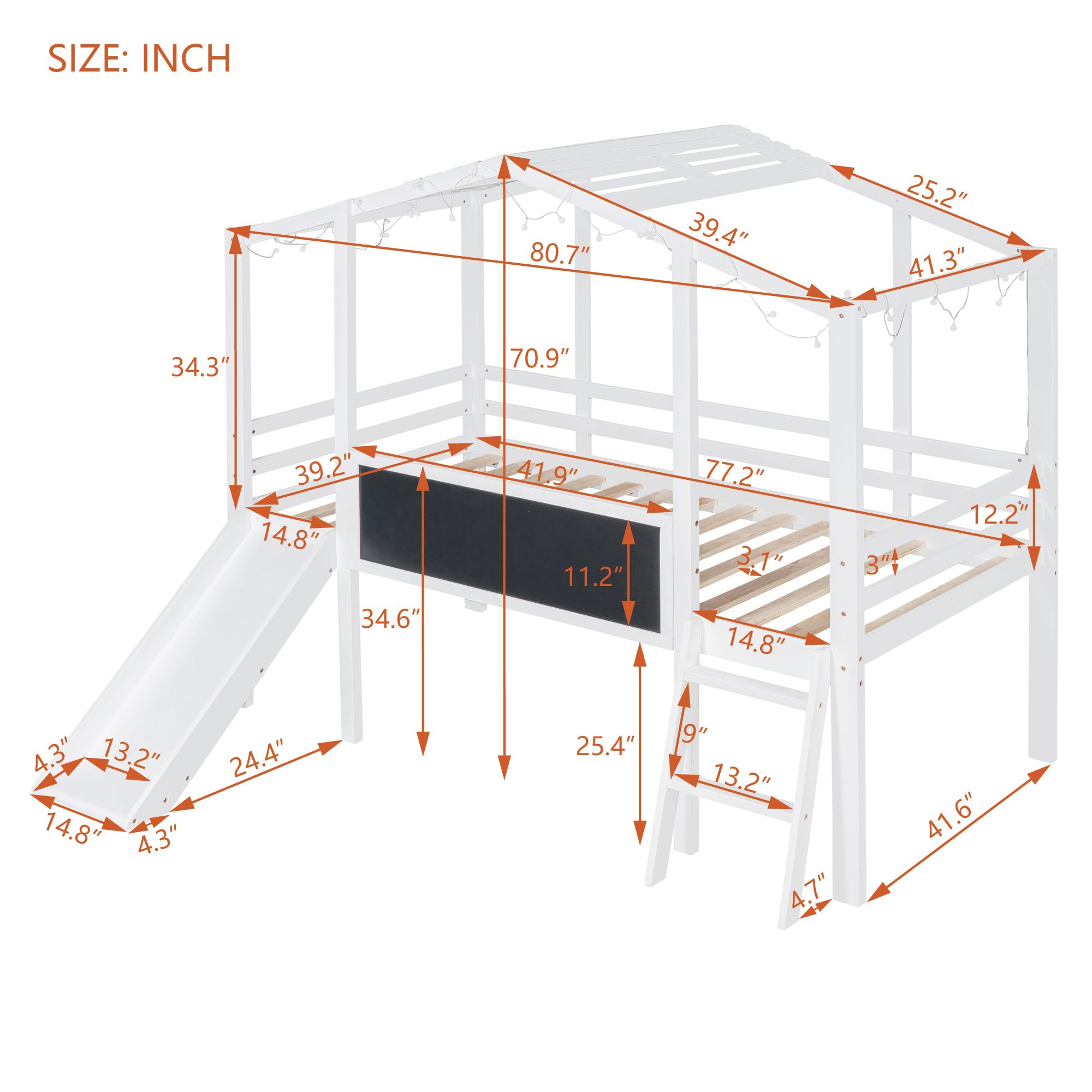 Kids House Bed with Slide, Twin Size Low Loft Bed with Light and Blackboard, Wood Treehouse Loft Bed with Ladder and Slats Support, White