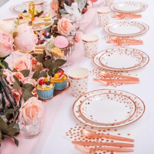 Supernal 350pcs Rose Gold Plates and Napkins Party Supplies,Happy Birthday Plates and Napkins,Rose Gold Paper Plates,Napkins,Cups,Rose Gold Plastic Forks,Knives,Spoons for Womens Birthday Decorations