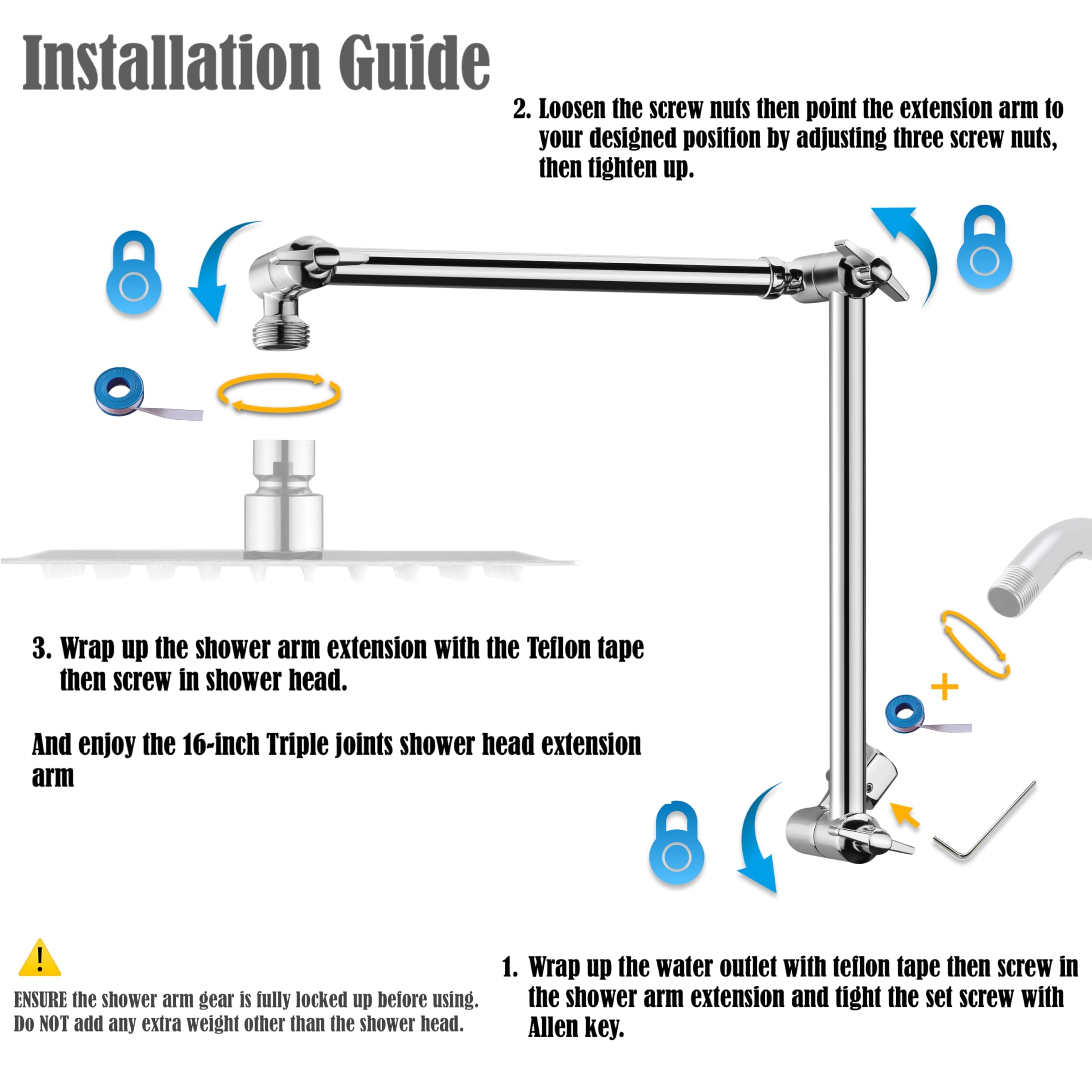 16 inch Dual Extension Extra Long Adjustable Shower Head Extension Arm With Locking Set Screw, Singing Rain Brass Angle Height Adjustable, G1/2 Universal Connector Compatible (Chrome Finish)