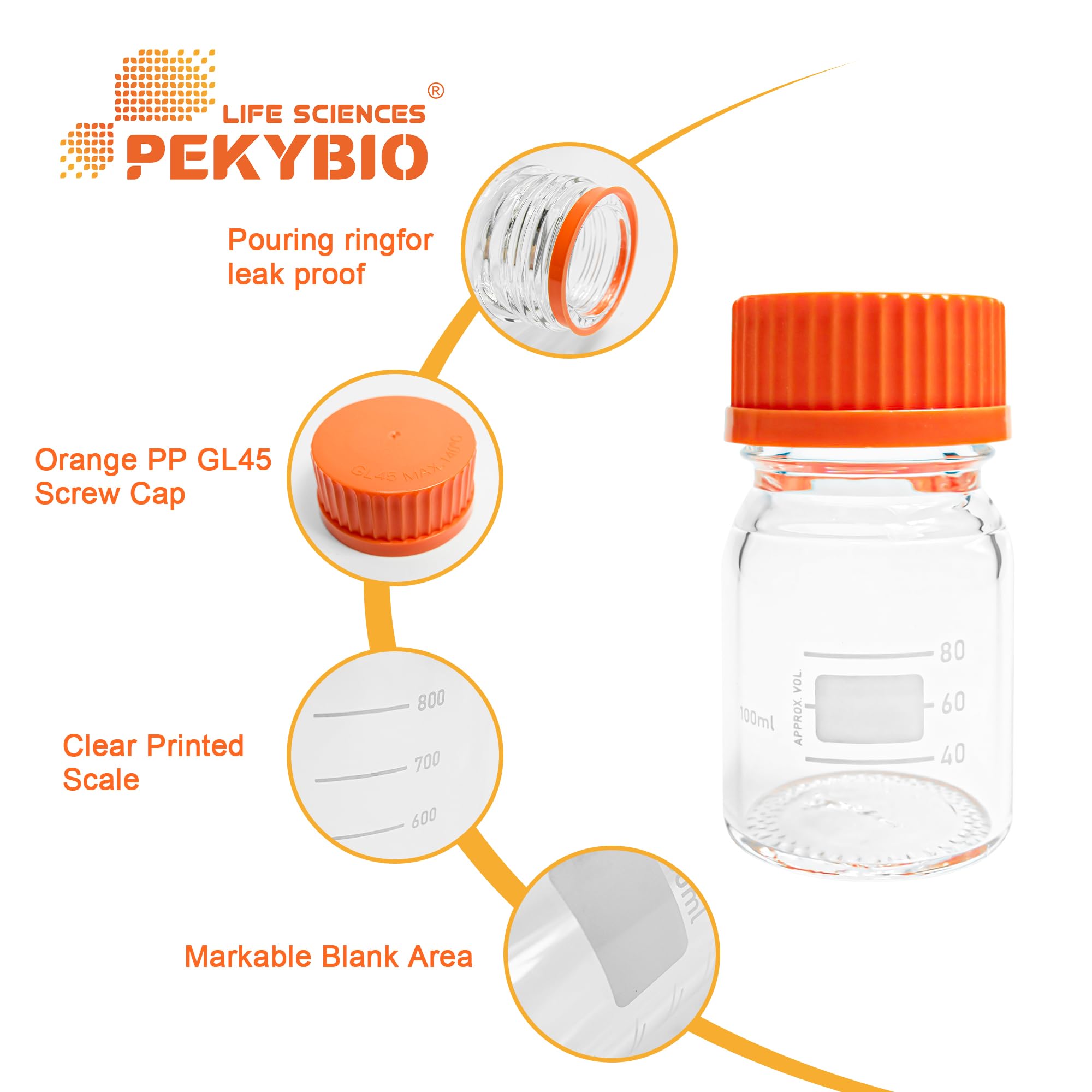 PEKYBIO Glass Media Bottle 100ml Round Storage Bottles 3.3 Borosilicate Glass Regent Bottles with PP GL45 Screw Cap (Pack of 6)